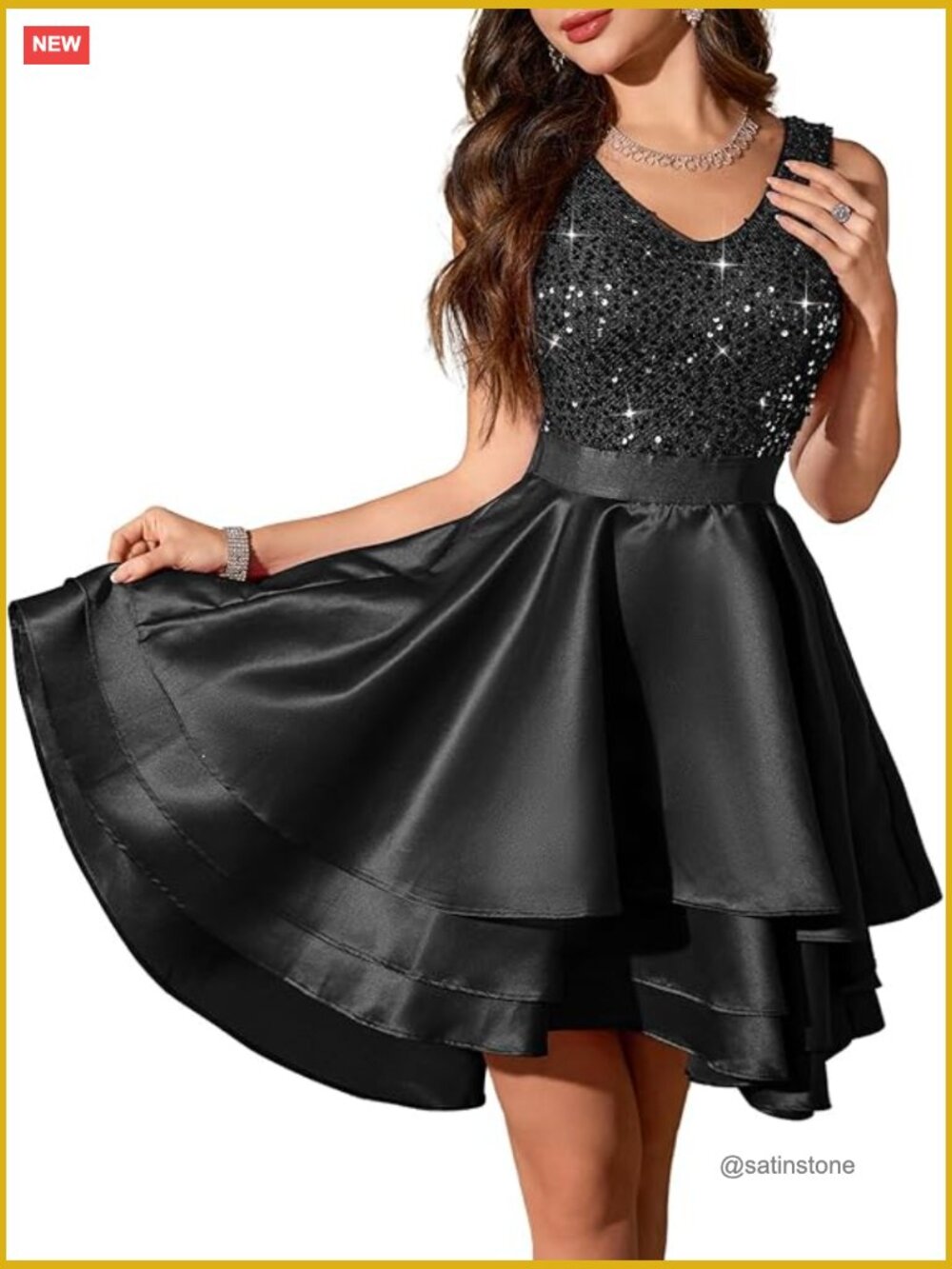 Sequin Satin High Low Prom Dress V-Neck Sleeveless Mini Cocktail Party Dress